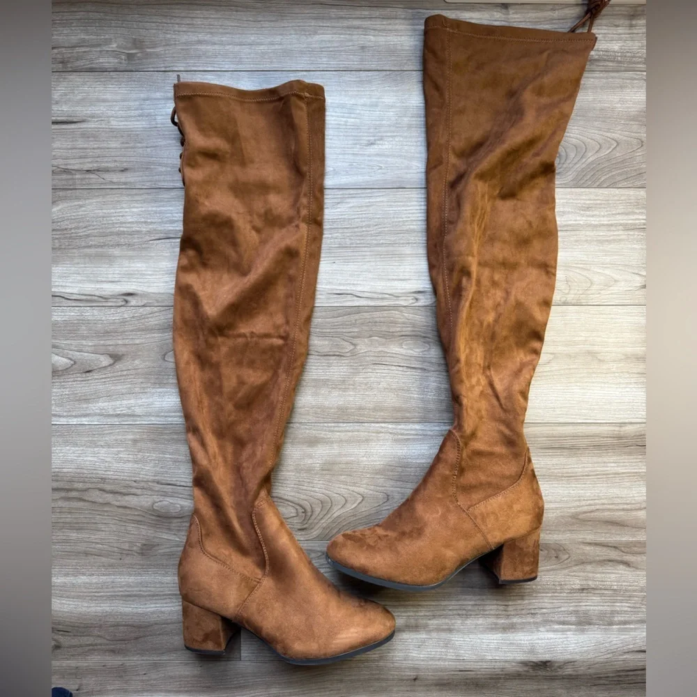 DREAM PAIRS Laurence Chunky Heel Thigh High Boots Brown-Suede Size 9